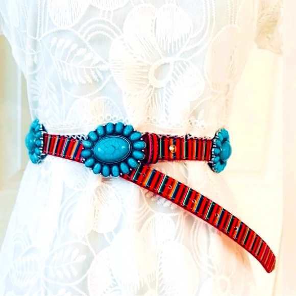 BELT ~ Women’s Bold Colorful Striped Faux Turquoise Leather Belt 42-inch